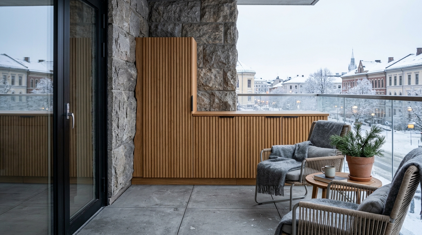 Architectural detail of fluted oak outdoor cabinetry used for seasonal storage on a compact terrace.