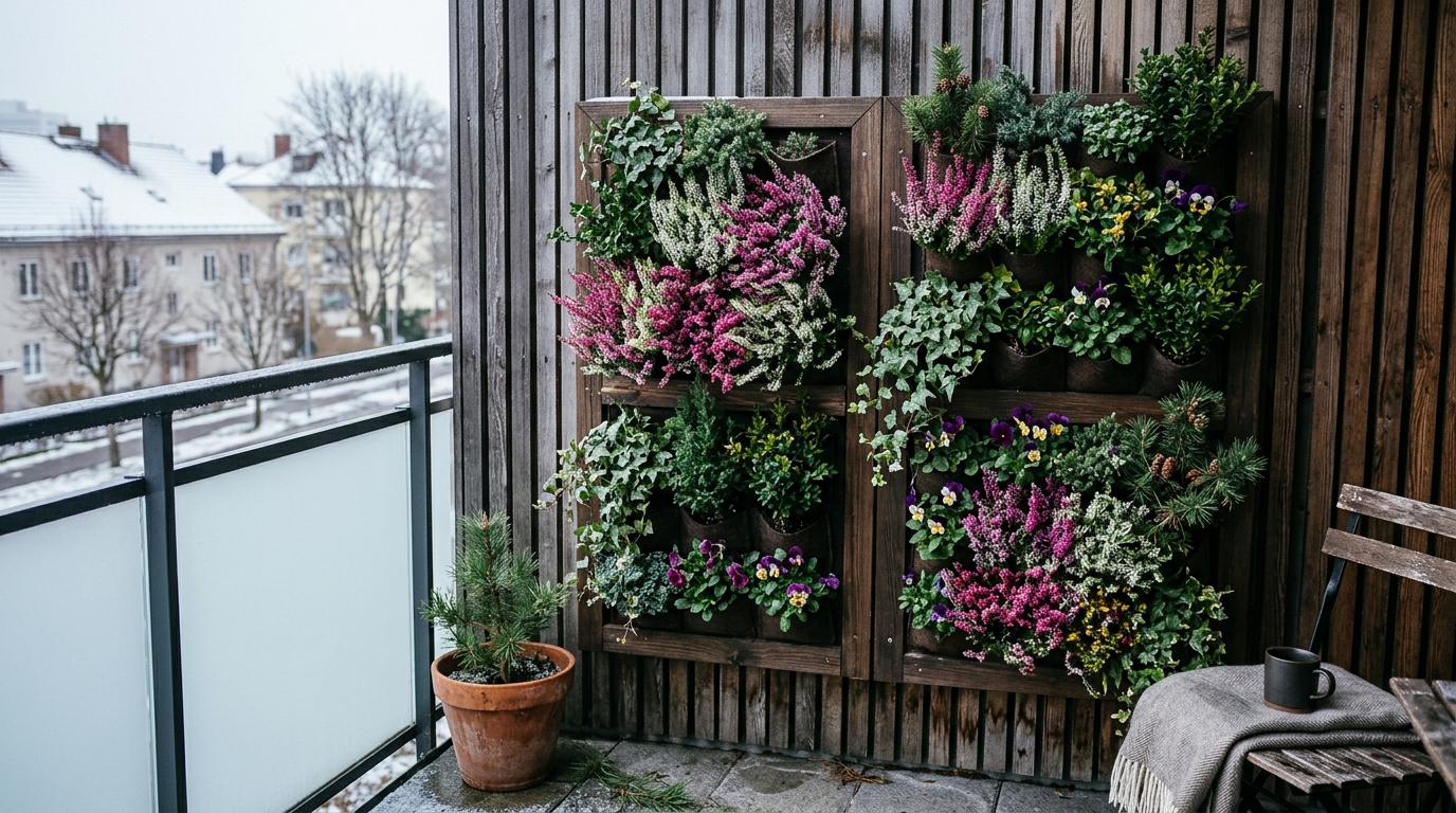 Small apartment balcony ideas layout highlighting a vertical herb garden adapted for hardy winter succulents.