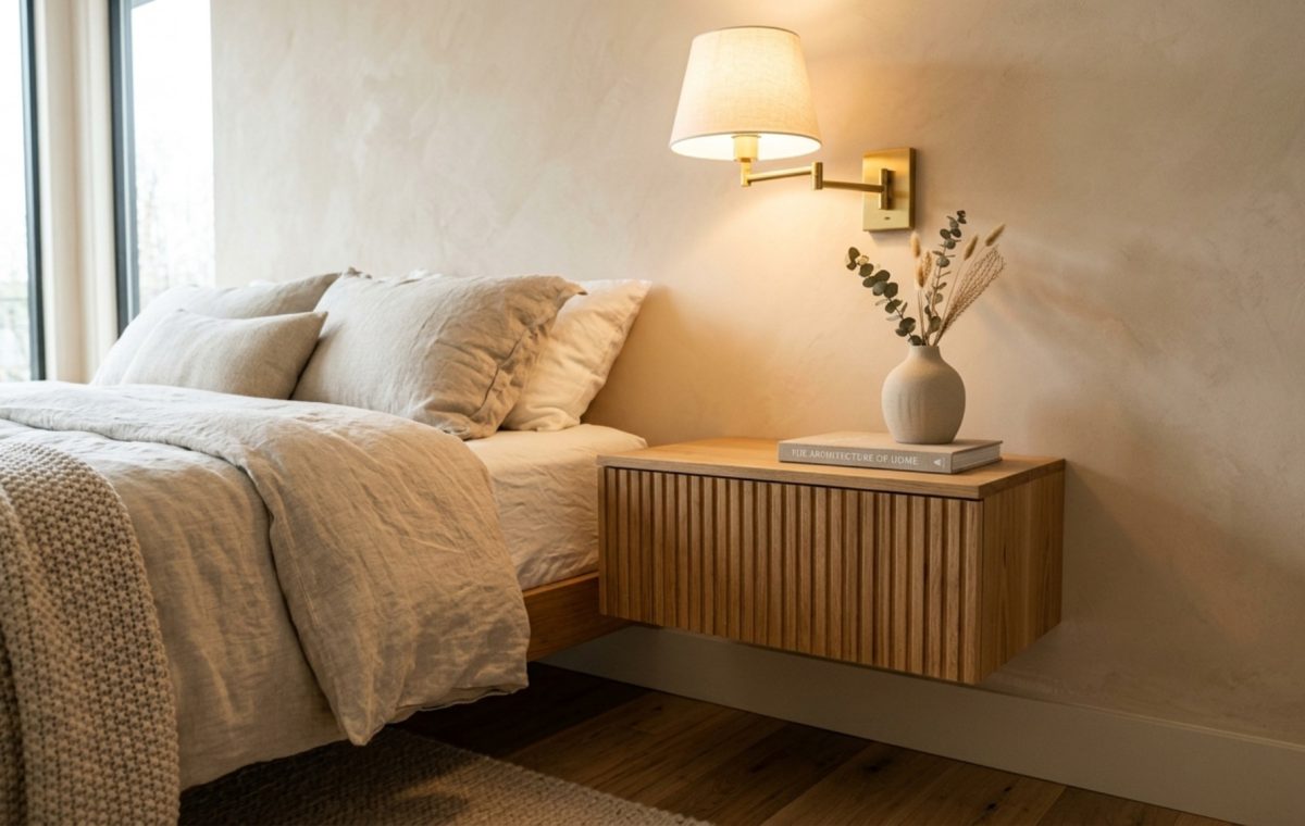 A fluted white oak floating nightstand mounted on a limewash wall, styled with a single ceramic vase and warm 2700K sconce lighting, exemplifying floating nightstands decor ideas.