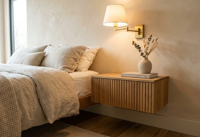 A fluted white oak floating nightstand mounted on a limewash wall, styled with a single ceramic vase and warm 2700K sconce lighting, exemplifying floating nightstands decor ideas.