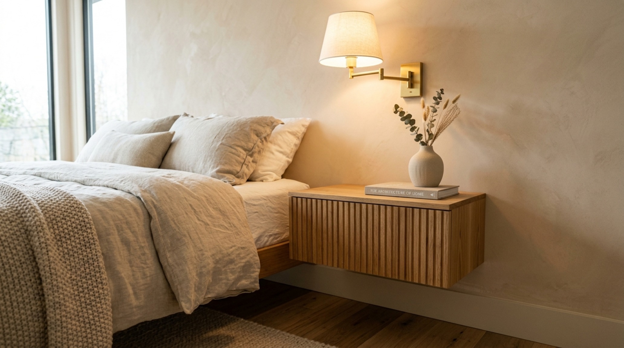 A fluted white oak floating nightstand mounted on a limewash wall, styled with a single ceramic vase and warm 2700K sconce lighting, exemplifying floating nightstands decor ideas. A fluted white oak floating nightstand mounted on a limewash wall, styled with a single ceramic vase and warm 2700K sconce lighting, exemplifying floating nightstands decor ideas.