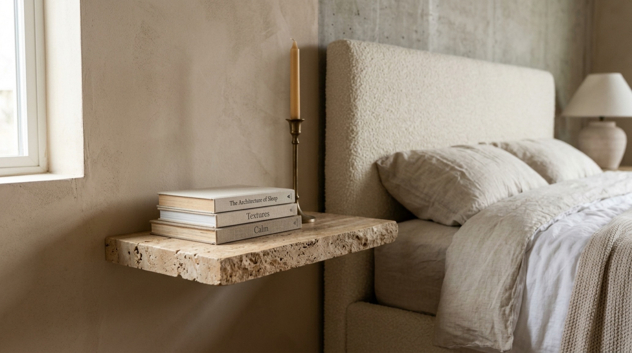 Editorial close-up of a honed travertine floating nightstand styled with the Rule of Three: a brass tray, a linen-bound book, and a small sculptural object in a minimalist bedroom. Editorial close-up of a honed travertine floating nightstand styled with the Rule of Three: a brass tray, a linen-bound book, and a small sculptural object in a minimalist bedroom.