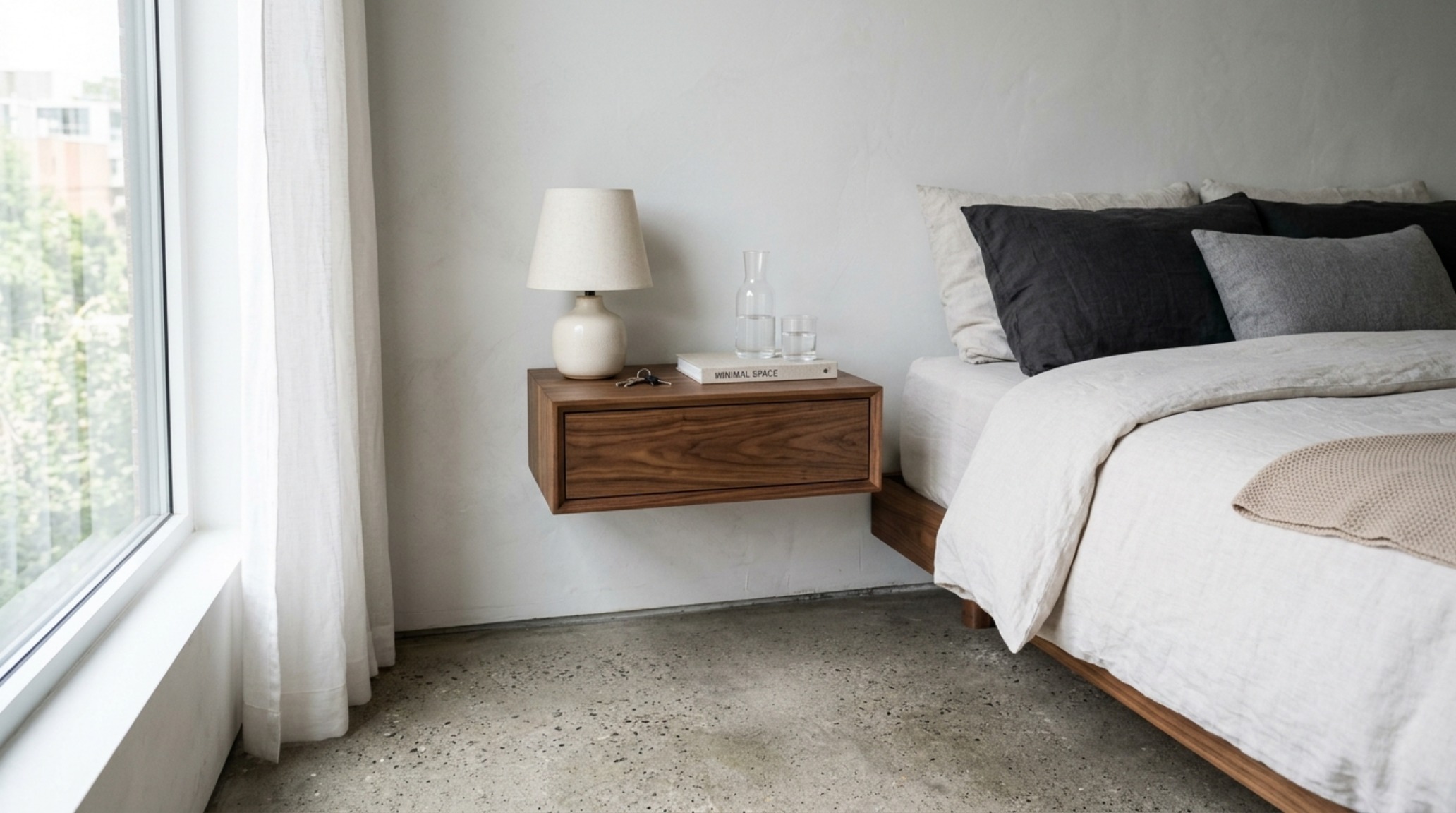 Modern floating nightstands ideas featuring a dark walnut drawer unit in a compact bedroom, maintaining 36-inch walkway clearance and spatial transparency. Modern floating nightstands ideas featuring a dark walnut drawer unit in a compact bedroom, maintaining 36-inch walkway clearance and spatial transparency.