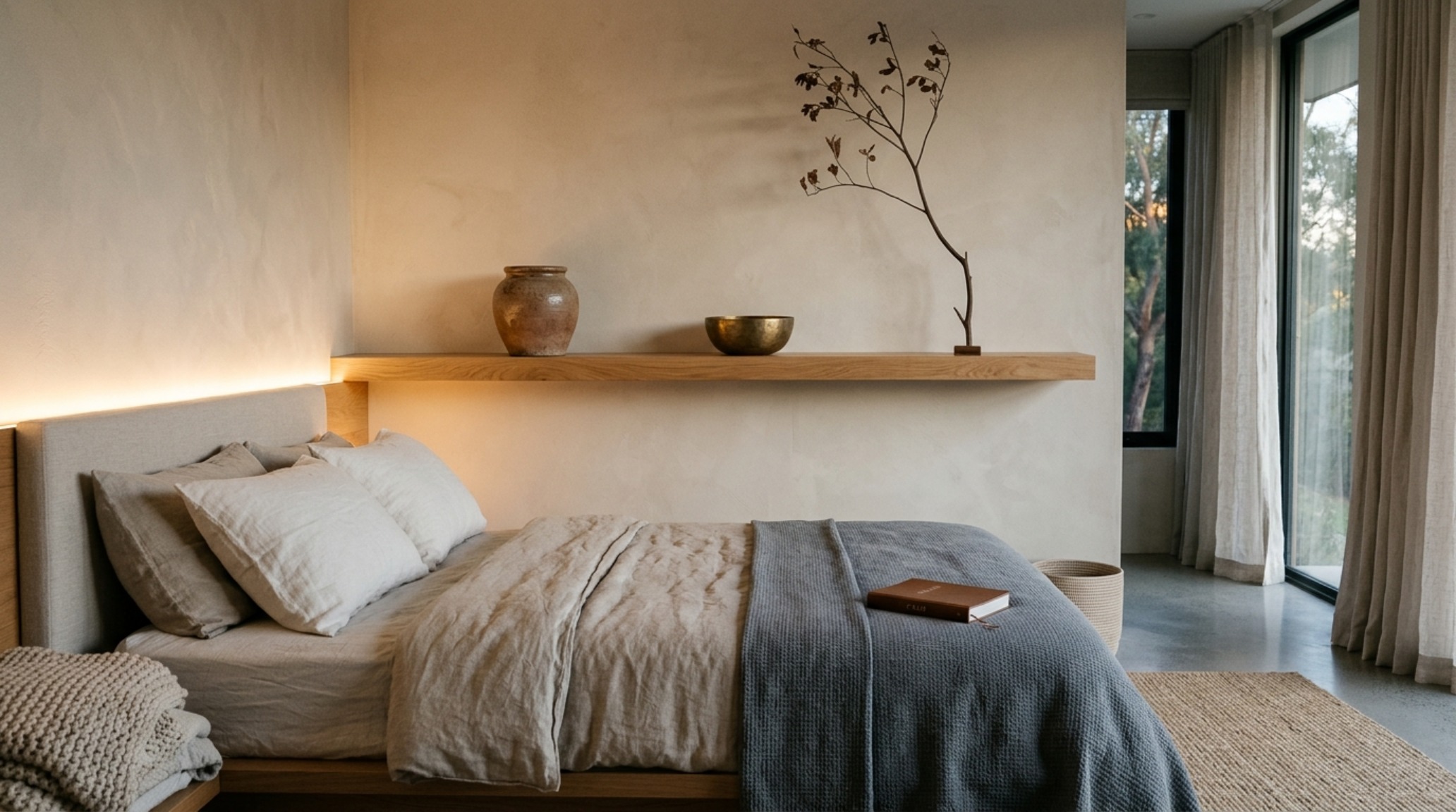 A cozy bedside setup with a wall-mounted nightstand, bouclé headboard textures, and soft morning sunlight filtering through sheer linen curtains for a quiet luxury aesthetic. A cozy bedside setup with a wall-mounted nightstand, bouclé headboard textures, and soft morning sunlight filtering through sheer linen curtains for a quiet luxury aesthetic.