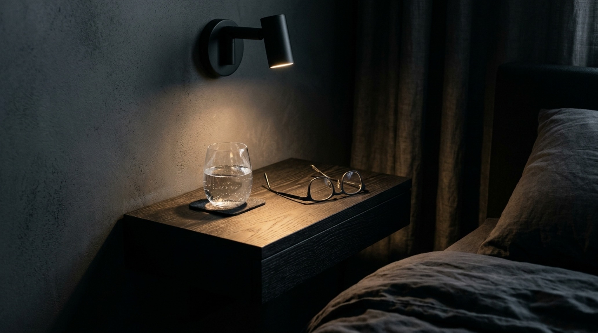 Minimalist floating bedside table styling with a sleek matte black finish against a warm grey wall, highlighting high-CRI lighting and ergonomic placement. Minimalist floating bedside table styling with a sleek matte black finish against a warm grey wall, highlighting high-CRI lighting and ergonomic placement.