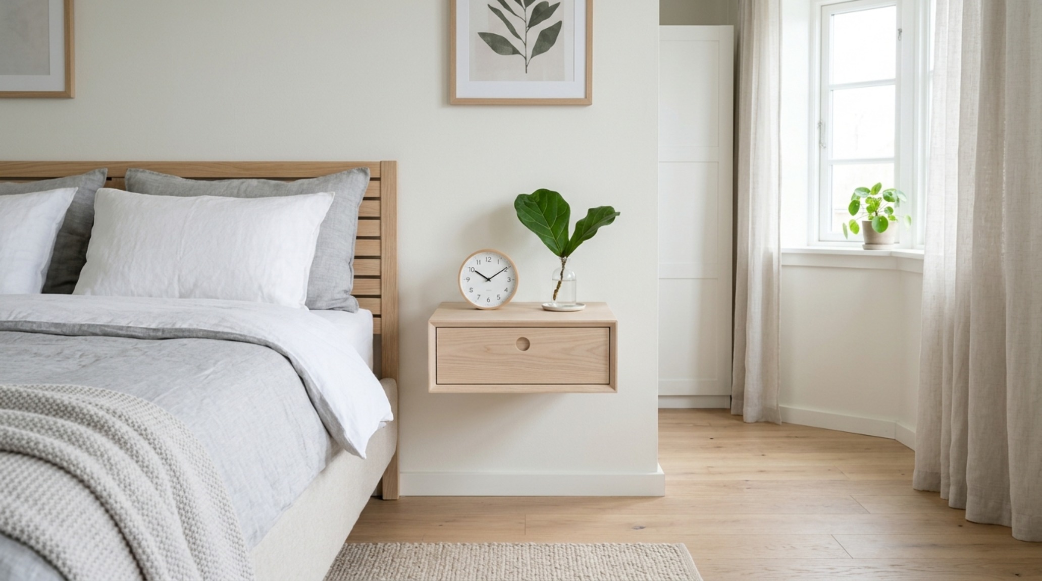 Scandinavian floating nightstand with drawer in a bright, airy bedroom, featuring natural pine materials and biophilic decor elements like a single eucalyptus sprig. Scandinavian floating nightstand with drawer in a bright, airy bedroom, featuring natural pine materials and biophilic decor elements like a single eucalyptus sprig.