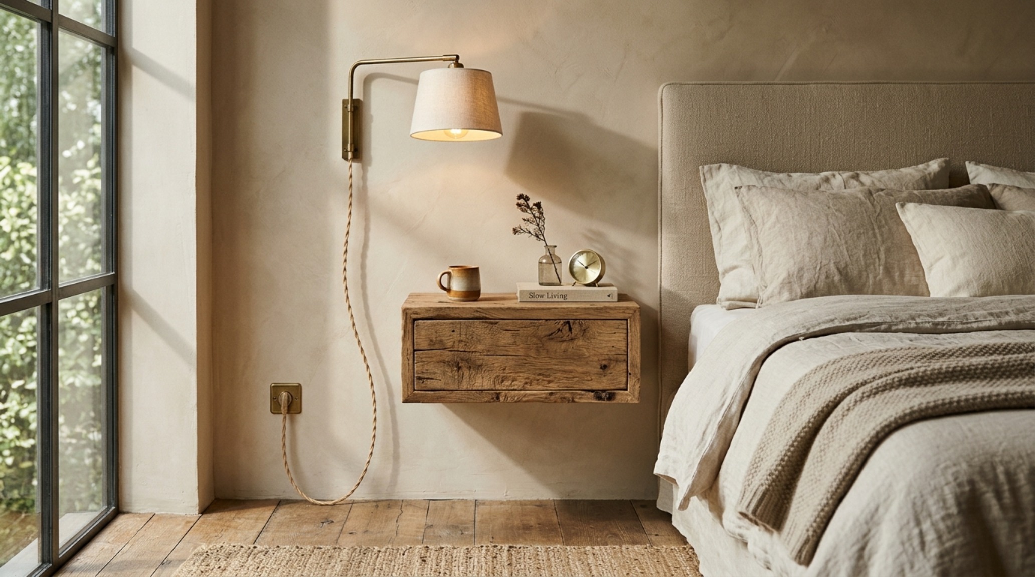 Detail shot of a fluted timber floating nightstand surface, showing the rich texture of the wood grain under the soft glow of an opal glass globe sconce. Detail shot of a fluted timber floating nightstand surface, showing the rich texture of the wood grain under the soft glow of an opal glass globe sconce.