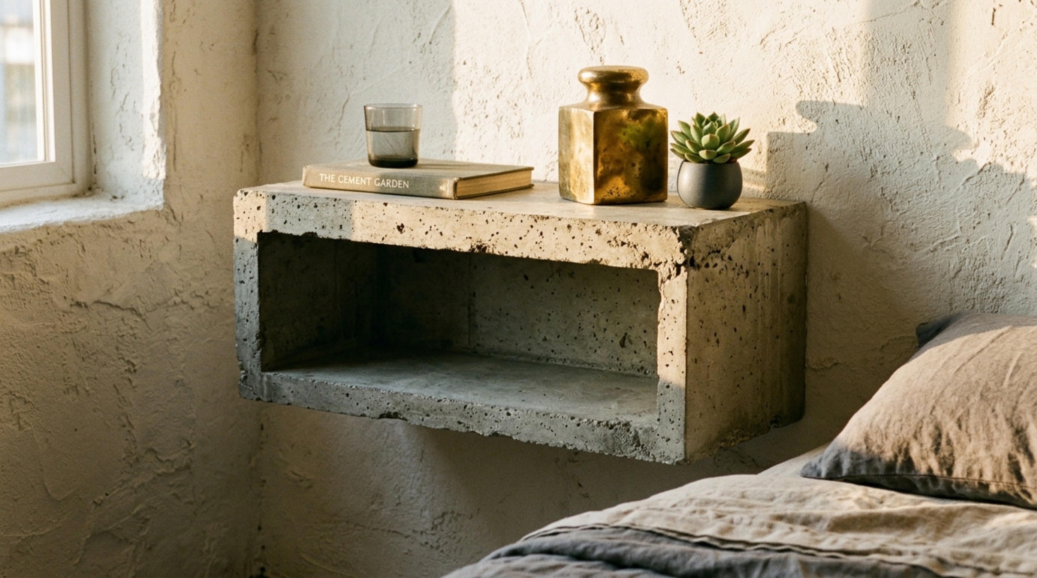 An aesthetic floating nightstands interior design showcasing a brutalist concrete shelf paired with soft brass hardware and layered organic textiles. An aesthetic floating nightstands interior design showcasing a brutalist concrete shelf paired with soft brass hardware and layered organic textiles.