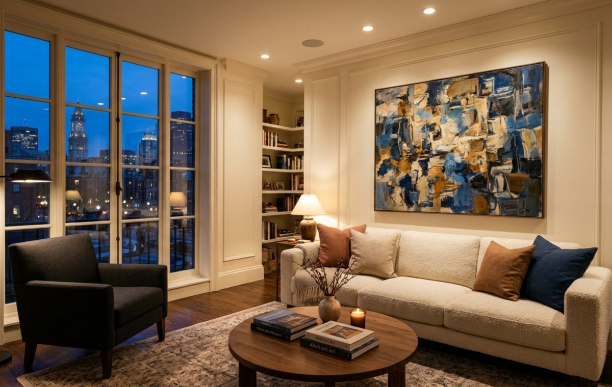 A sophisticated Boston living room with Benjamin Moore Swiss Coffee walls, 2700K warm ambient lighting illuminating a curated art collection and a cream bouclé sofa.
