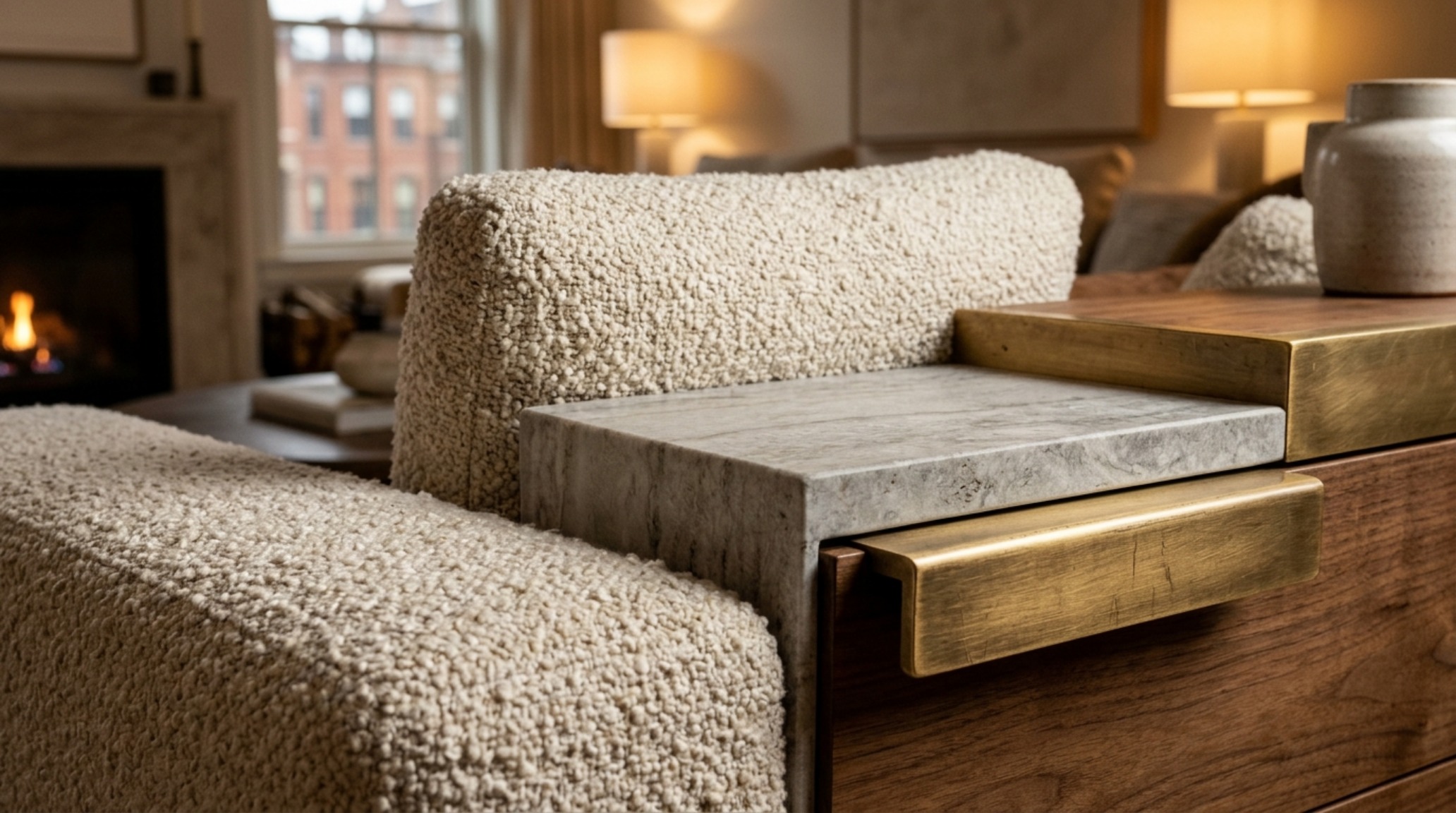 Lush sensory textures of bouclé and linen pillows arranged on a low-profile sofa in a gallery-inspired Boston living room with sunset light.