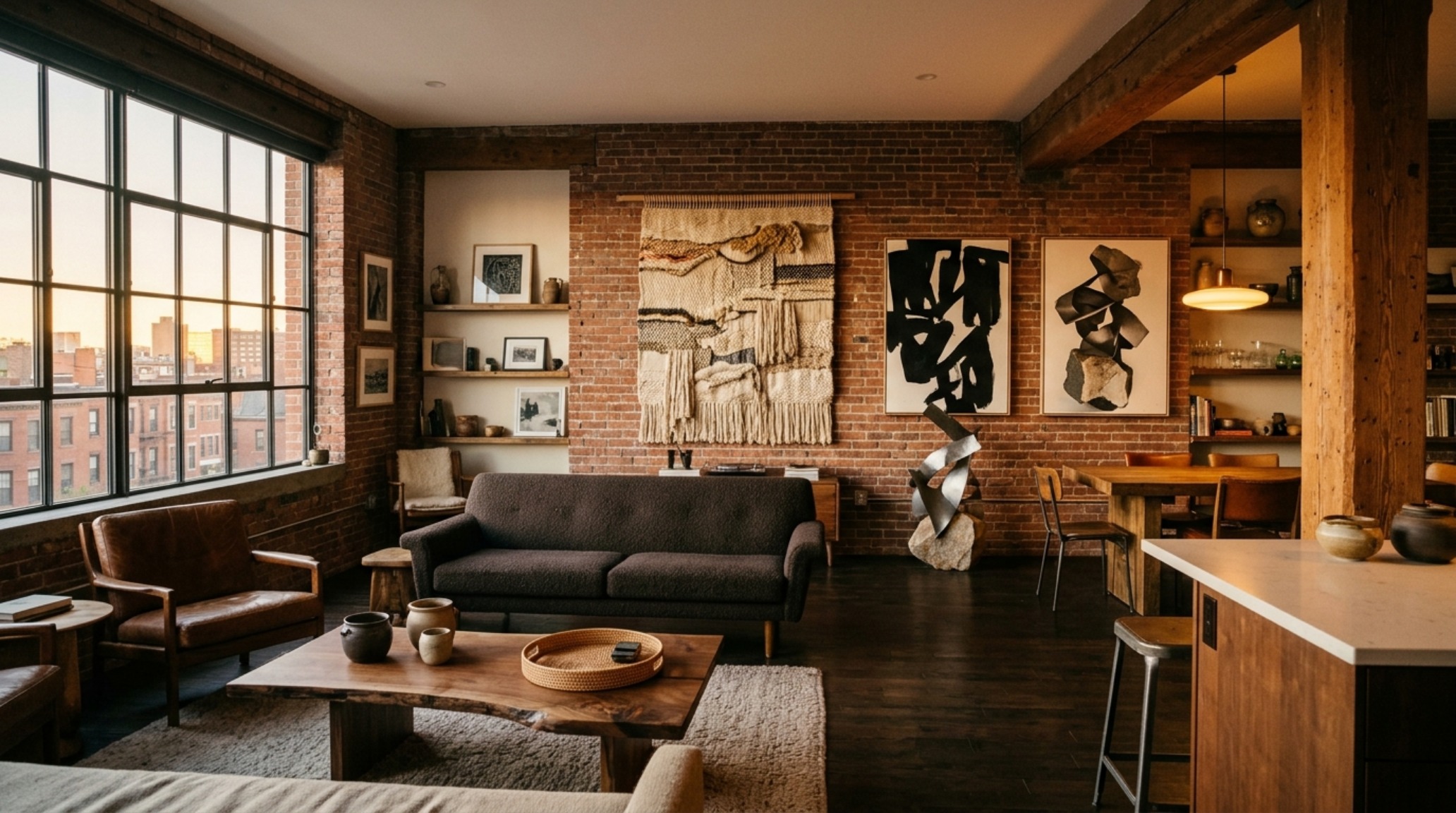 Wide-angle architectural shot of an art filled boston apartment showing the flow from the dining area to the living zone with 30-inch chair clearances.