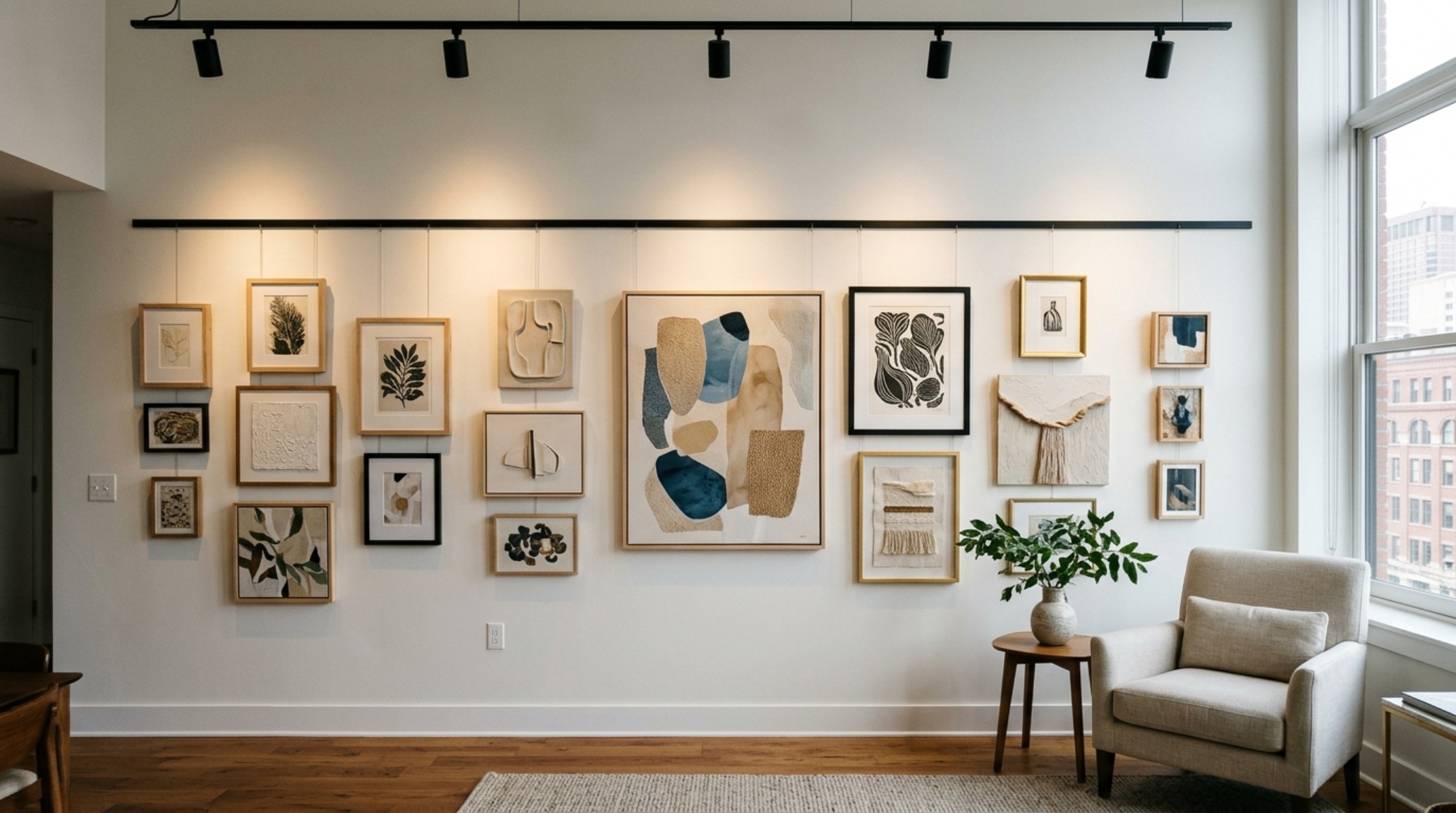 Large-scale abstract art displayed on a matte white gallery wall with integrated picture rails and directional 2700K spotlights in a high-ceilinged room.