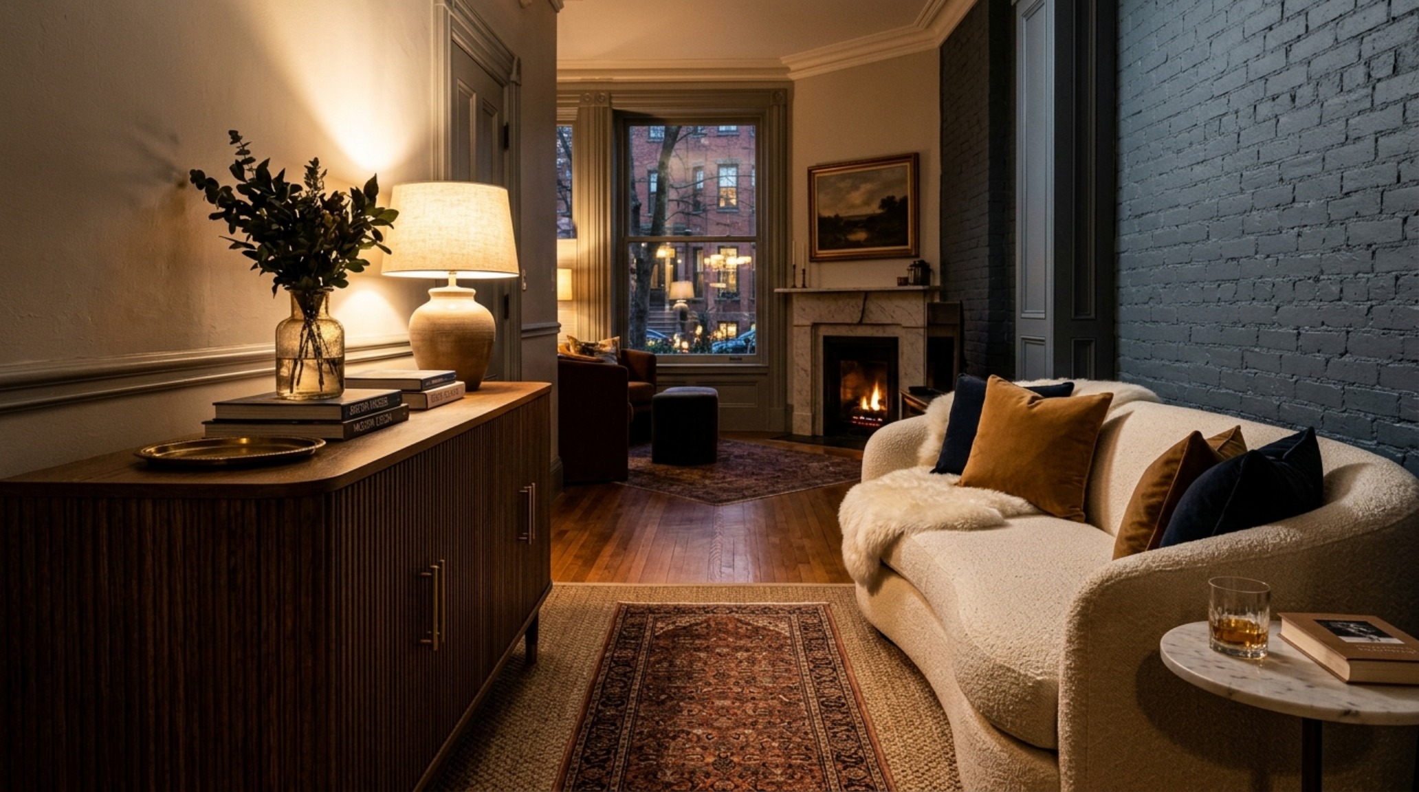 Architectural view of a Boston apartment hallway with 36-inch clearance, featuring warm-dim lighting and fluted oak accents for a tactile gallery feel.