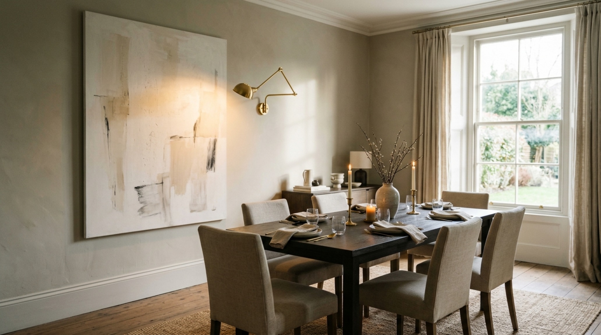 Editorial view of a high-contrast living space with Farrow and Ball Ammonite walls and a blackened steel picture rail holding contemporary photography.