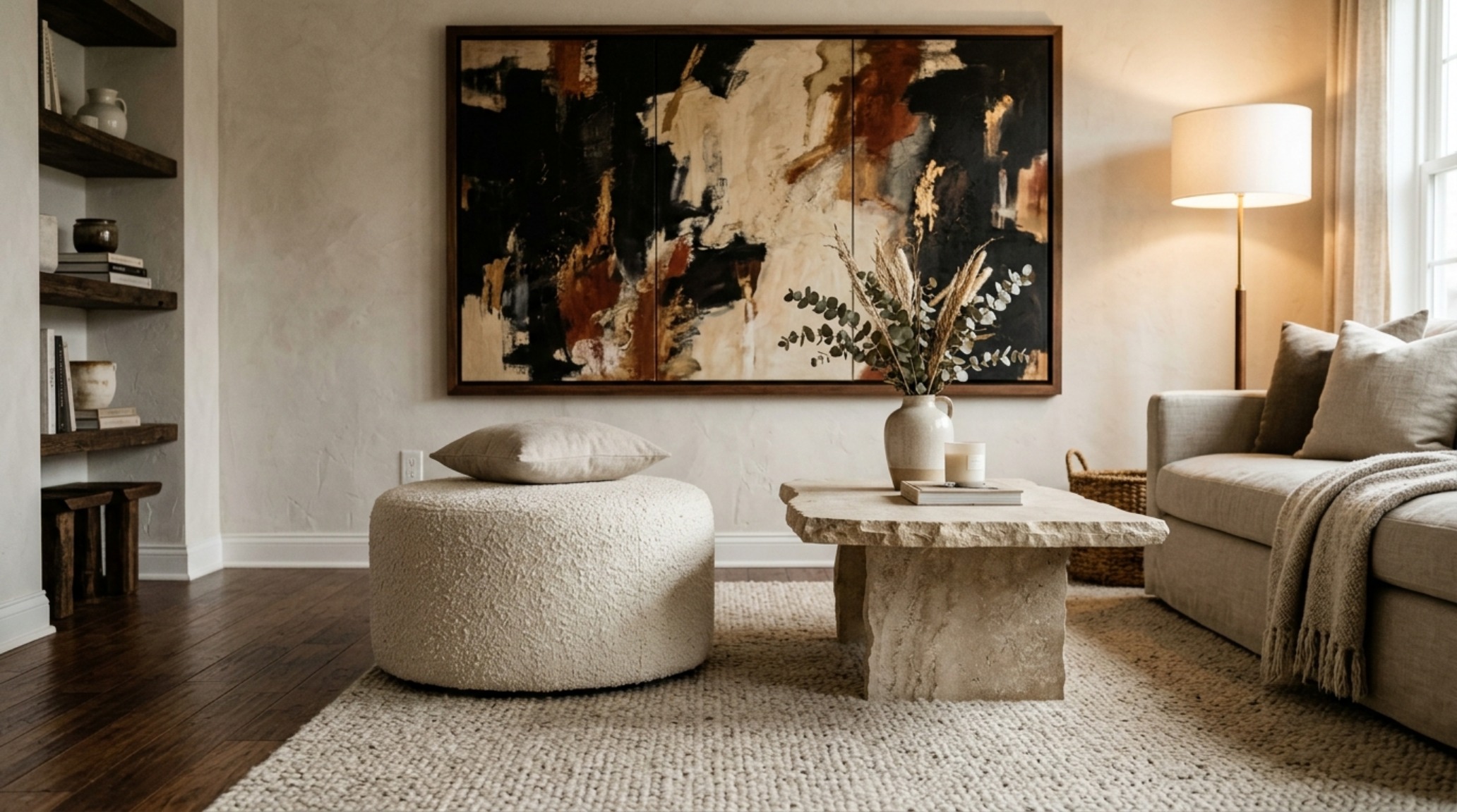 Modern organic decor in a South End brownstone featuring a mix of vintage wooden stools and a sleek travertine side table under warm ambient glow.