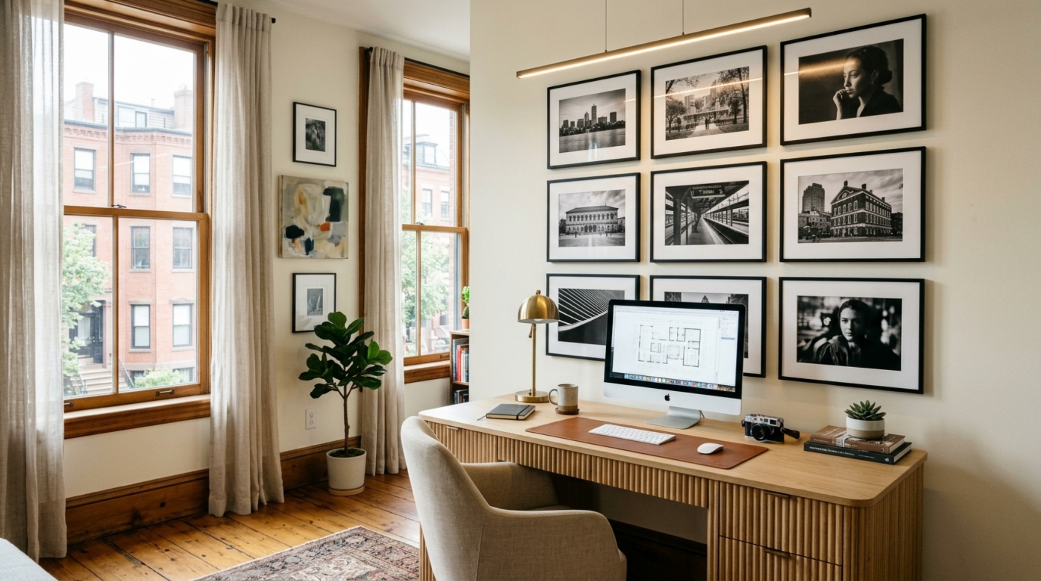 A grid-style art gallery wall in a Boston study, perfectly aligned with spatial sightlines and illuminated by architectural gimbal lights.