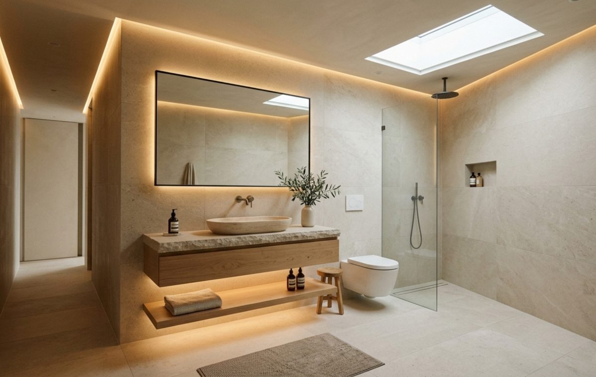 A minimalist primary bathroom featuring large format natural stone inspired tiles decor ideas, with honed limestone porcelain on walls and floors and integrated 2700K warm cove lighting.