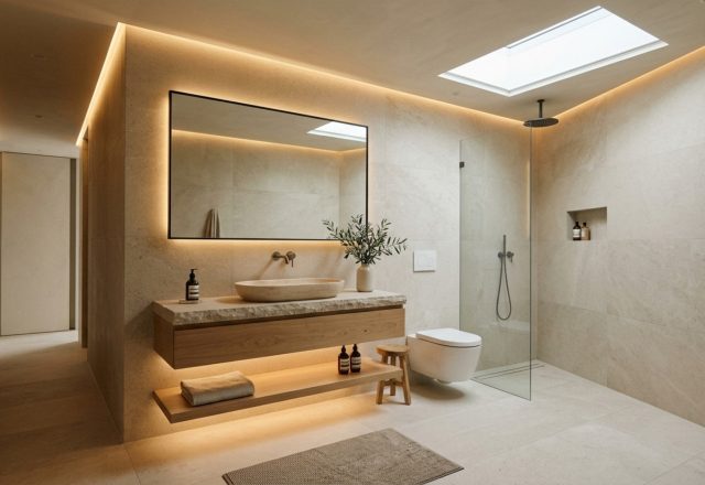 A minimalist primary bathroom featuring large format natural stone inspired tiles decor ideas, with honed limestone porcelain on walls and floors and integrated 2700K warm cove lighting.