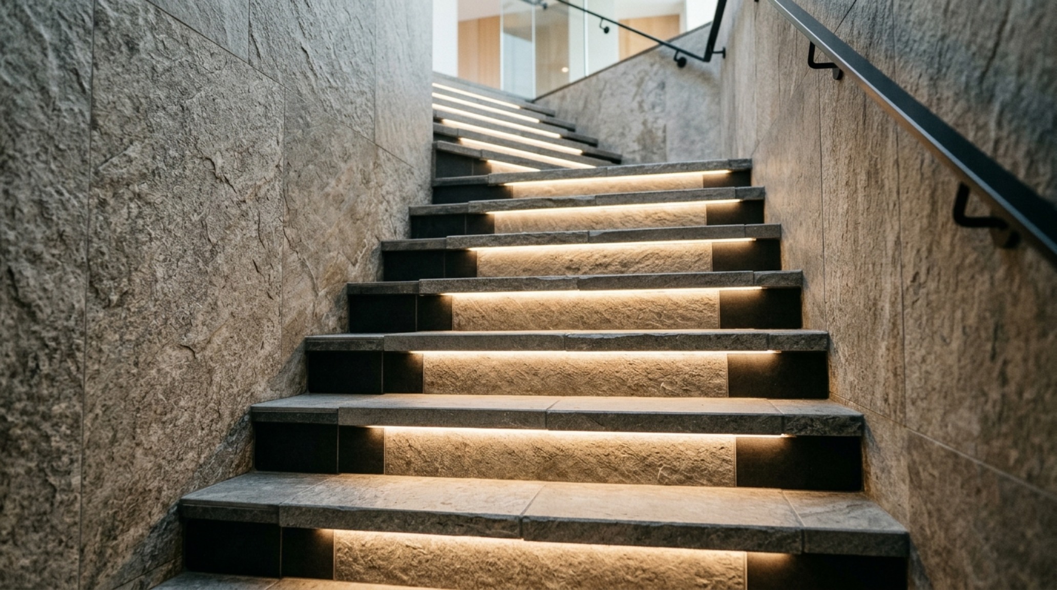 Staircase detail with cantilevered treads and a floor-to-ceiling feature wall of warm travertine look bathroom porcelain tiles and hidden LED strip lighting.