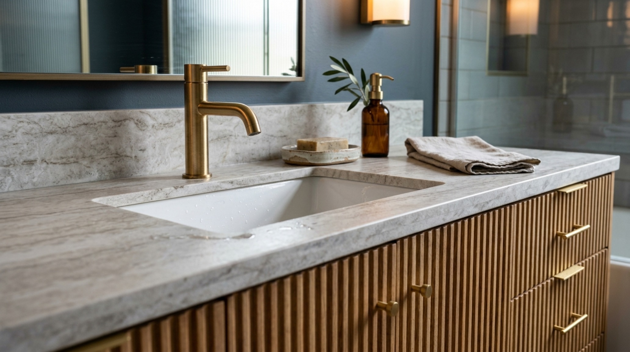 Close-up of a bathroom vanity with a custom stone-look porcelain countertop, integrated sink, and brushed brass hardware for a Quiet Luxury aesthetic.
