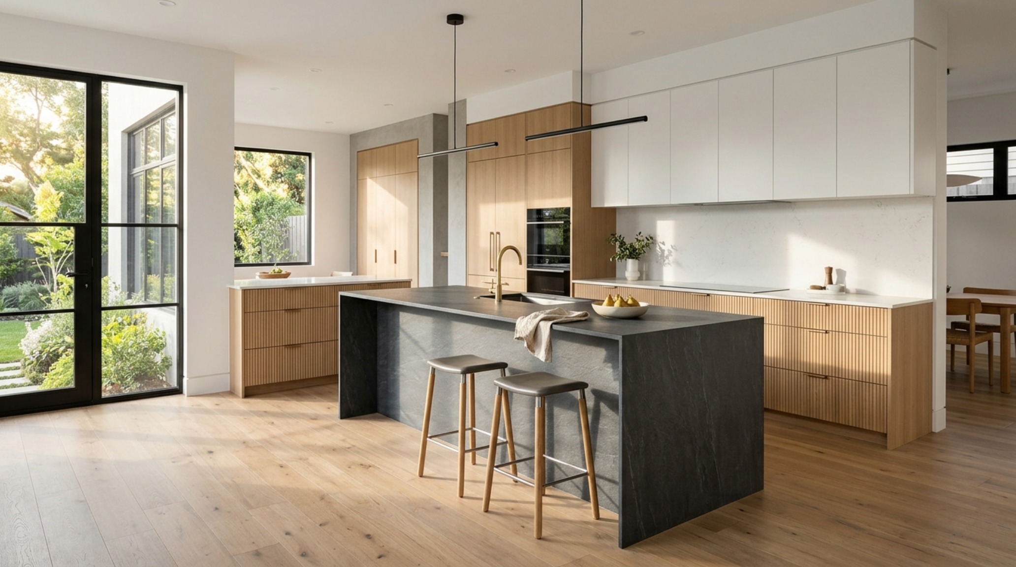 An open-concept kitchen with a monolithic island wrapped in riven slate-look porcelain tiles, paired with fluted white oak cabinetry and 36-inch architectural walkways.