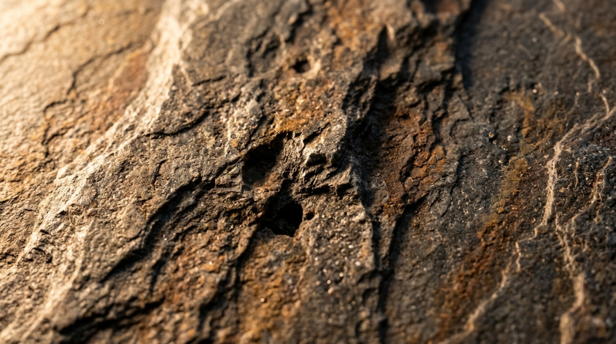 Close-up detail of modern rustic organic stone tile textures on a feature wall, illuminated by directional grazing light to highlight the tactile 3D surface depth.
