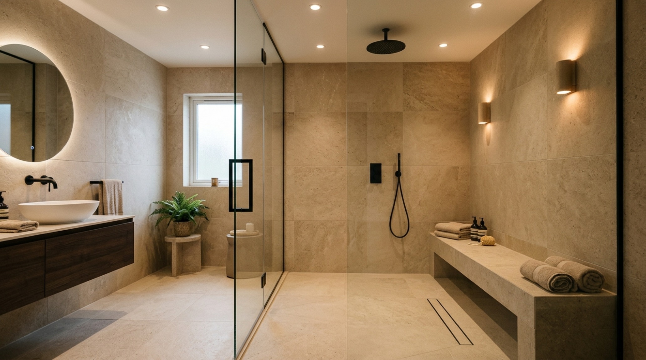 A luxury spa-like wet room featuring limestone effect floor tiles for wet rooms, matte black rain shower fixtures, and a recessed stone-clad bench at 18-inch height.