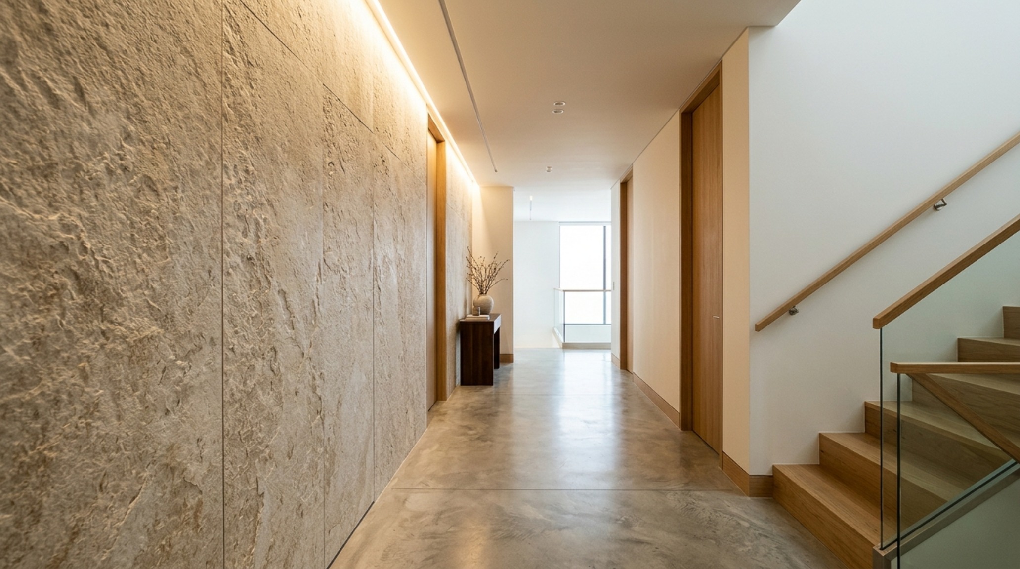 A sun-drenched hallway showcasing the shadow play on textured wall surfaces made of stone-look porcelain, with a focus on high CRI lighting and negative space.