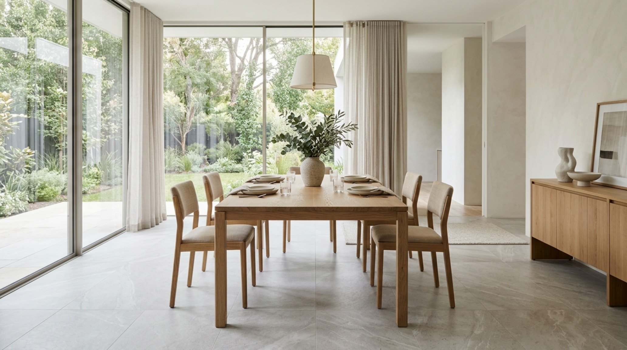 Dining room interior featuring a large format stone-look floor with 30-inch chair clearance, a raw timber table, and floor-to-ceiling linen drapes.