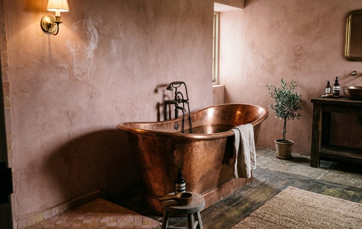 A hand-hammered copper bathtub centered in a minimalist room with Tadelakt plaster walls and soft 2700K lighting, highlighting unique bathtubs decor ideas.