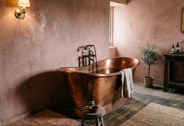 A hand-hammered copper bathtub centered in a minimalist room with Tadelakt plaster walls and soft 2700K lighting, highlighting unique bathtubs decor ideas.
