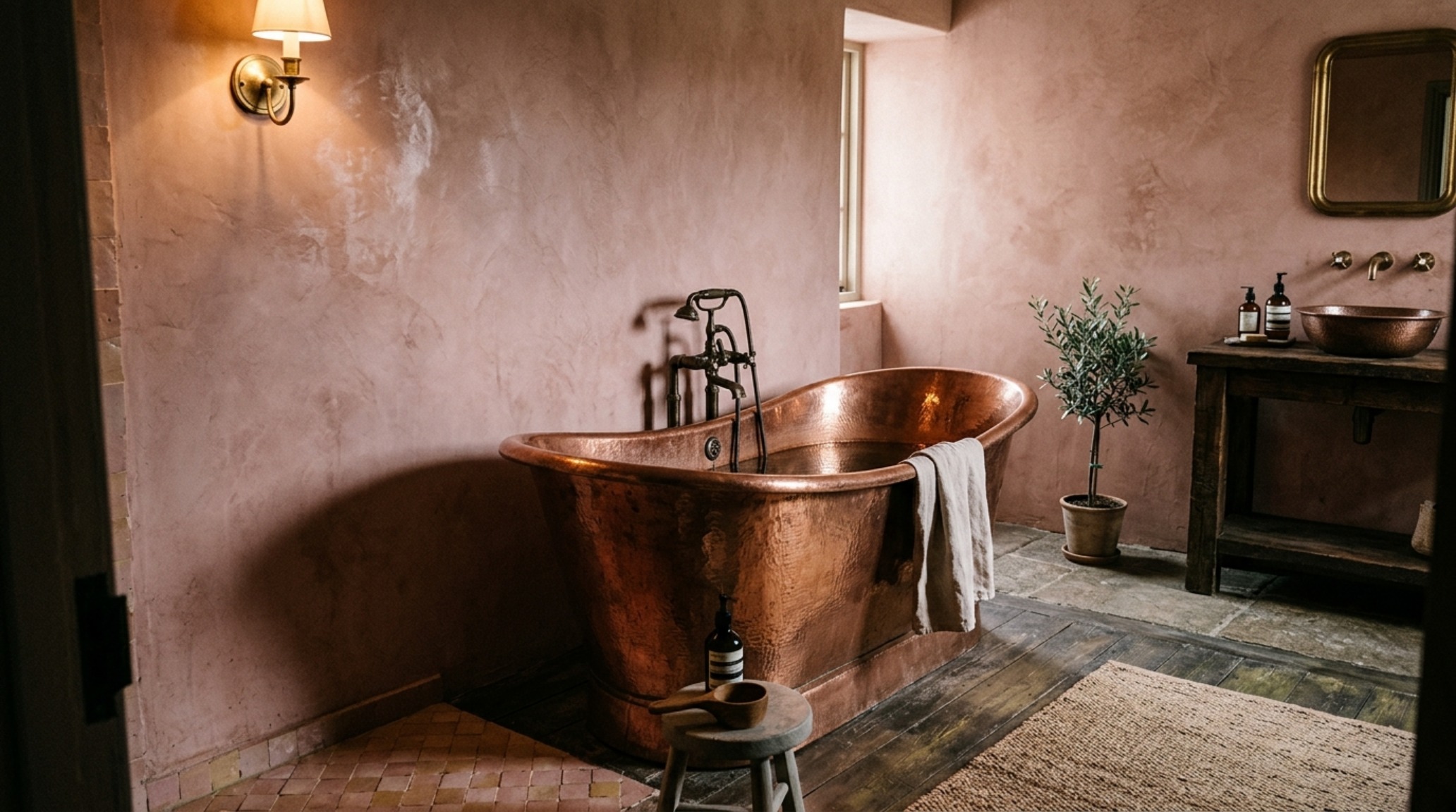 A hand-hammered copper bathtub centered in a minimalist room with Tadelakt plaster walls and soft 2700K lighting, highlighting unique bathtubs decor ideas. A hand-hammered copper bathtub centered in a minimalist room with Tadelakt plaster walls and soft 2700K lighting, highlighting unique bathtubs decor ideas.