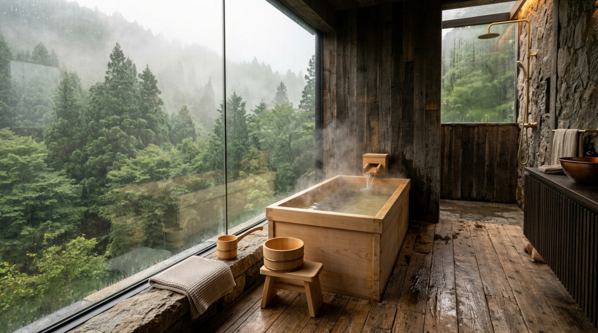 A Japandi-style Hinoki wood ofuro tub near a large window, illustrating biophilic bathroom sanctuary lighting and architectural bathing vessels. A Japandi-style Hinoki wood ofuro tub near a large window, illustrating biophilic bathroom sanctuary lighting and architectural bathing vessels.