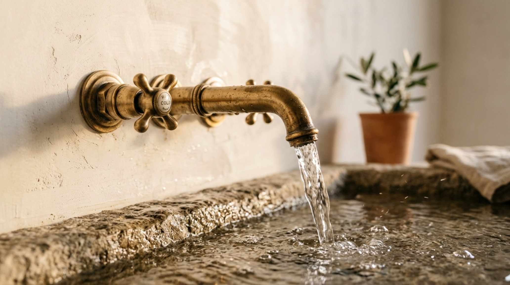 Detailed view of a brushed brass floor-mounted tub filler against a textured limewash wall in a luxury master bathroom. Detailed view of a brushed brass floor-mounted tub filler against a textured limewash wall in a luxury master bathroom.