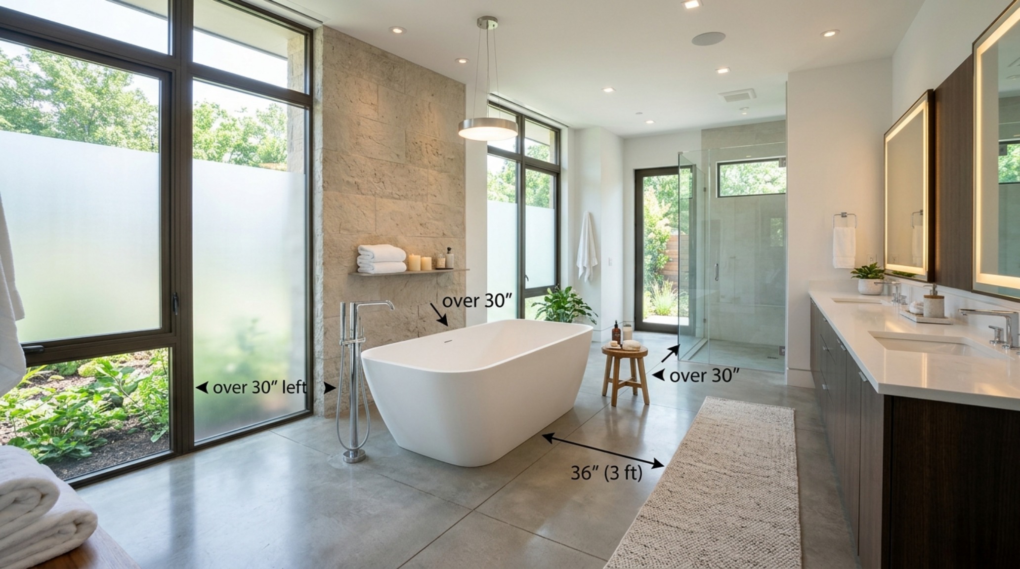 A wide-angle architectural shot showing 36-inch walkway clearances around a luxury freestanding tub with high-end spatial layout. A wide-angle architectural shot showing 36-inch walkway clearances around a luxury freestanding tub with high-end spatial layout.