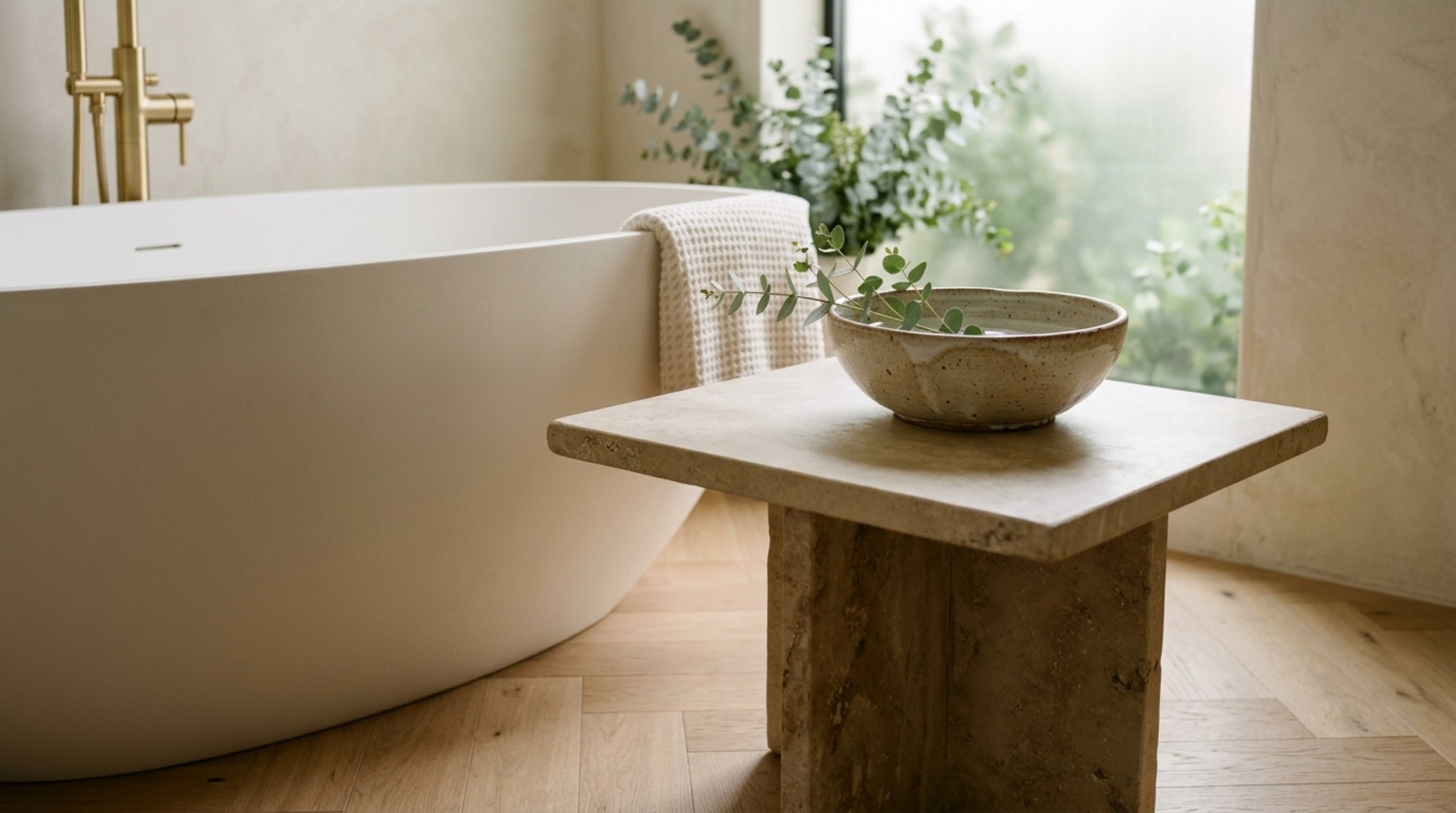 An 18-inch reach side table made of petrified wood next to a stone bathtub, illustrating ergonomic unique bathtubs decor ideas. An 18-inch reach side table made of petrified wood next to a stone bathtub, illustrating ergonomic unique bathtubs decor ideas.