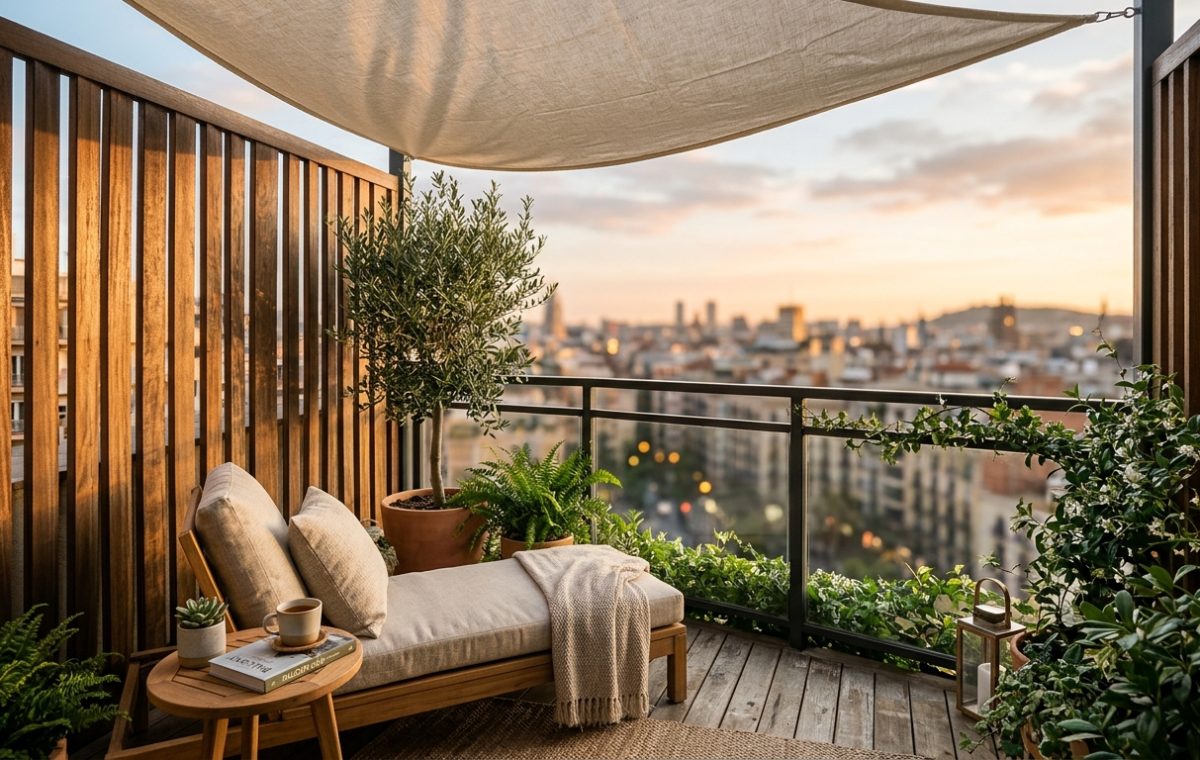 A hero shot of a luxury small apartment balcony featuring vertical Ipe wood slats, a cream linen sail shade, and a low-profile lounge chair under golden hour light.