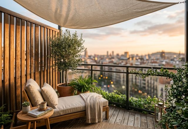 A hero shot of a luxury small apartment balcony featuring vertical Ipe wood slats, a cream linen sail shade, and a low-profile lounge chair under golden hour light.