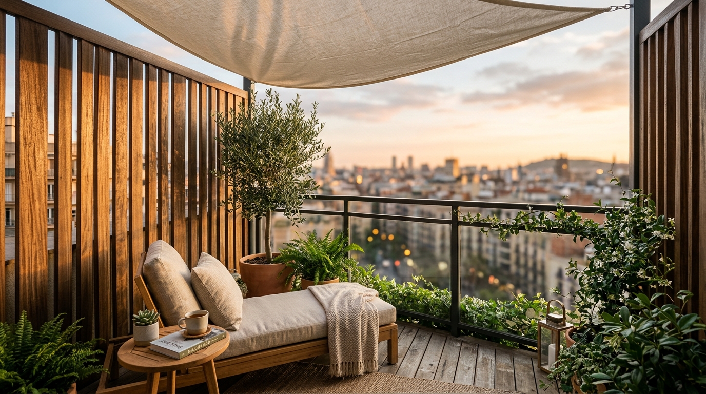 A hero shot of a luxury small apartment balcony featuring vertical Ipe wood slats, a cream linen sail shade, and a low-profile lounge chair under golden hour light. A hero shot of a luxury small apartment balcony featuring vertical Ipe wood slats, a cream linen sail shade, and a low-profile lounge chair under golden hour light.