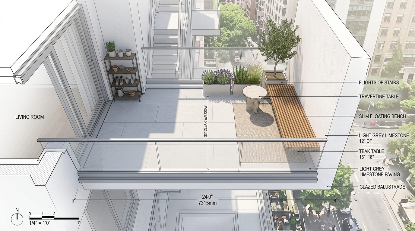 Architectural top-down view of a small balcony layout showing a 36-inch walkway clearance and ergonomic furniture placement with honed travertine accents. Architectural top-down view of a small balcony layout showing a 36-inch walkway clearance and ergonomic furniture placement with honed travertine accents.