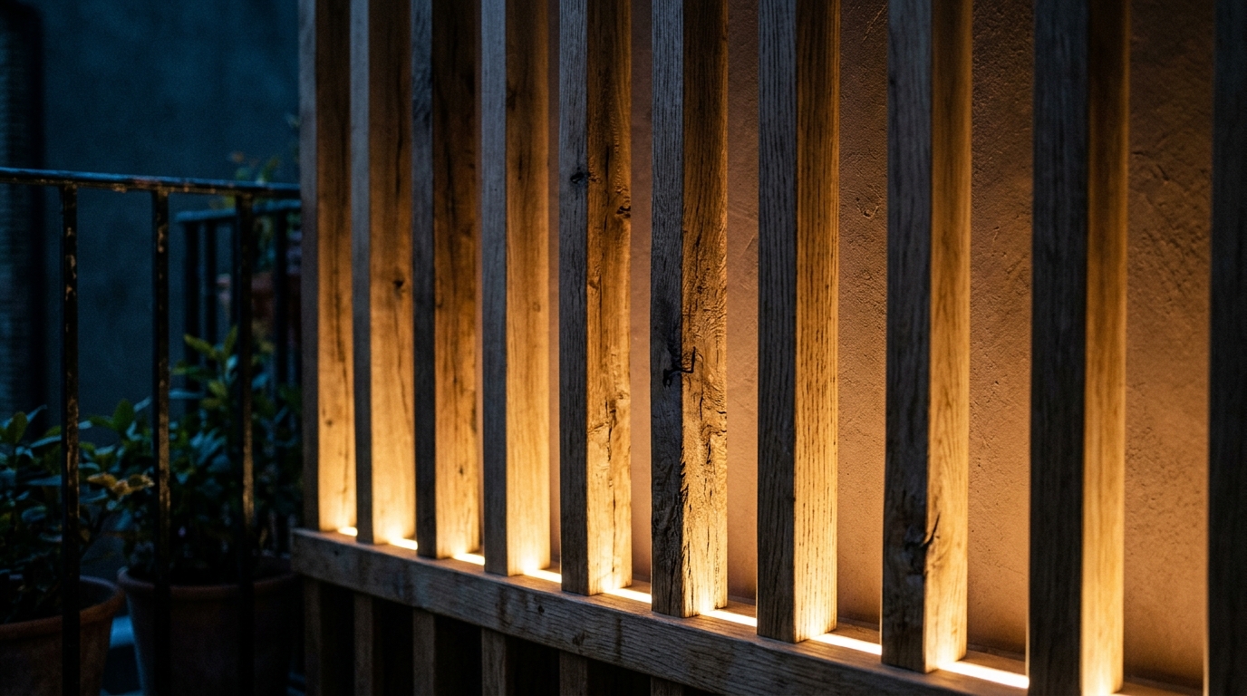 Macro detail shot of a slatted Ipe wood privacy screen showing the grain of the wood and the shadow patterns cast by 2700K integrated LED lighting. Macro detail shot of a slatted Ipe wood privacy screen showing the grain of the wood and the shadow patterns cast by 2700K integrated LED lighting.