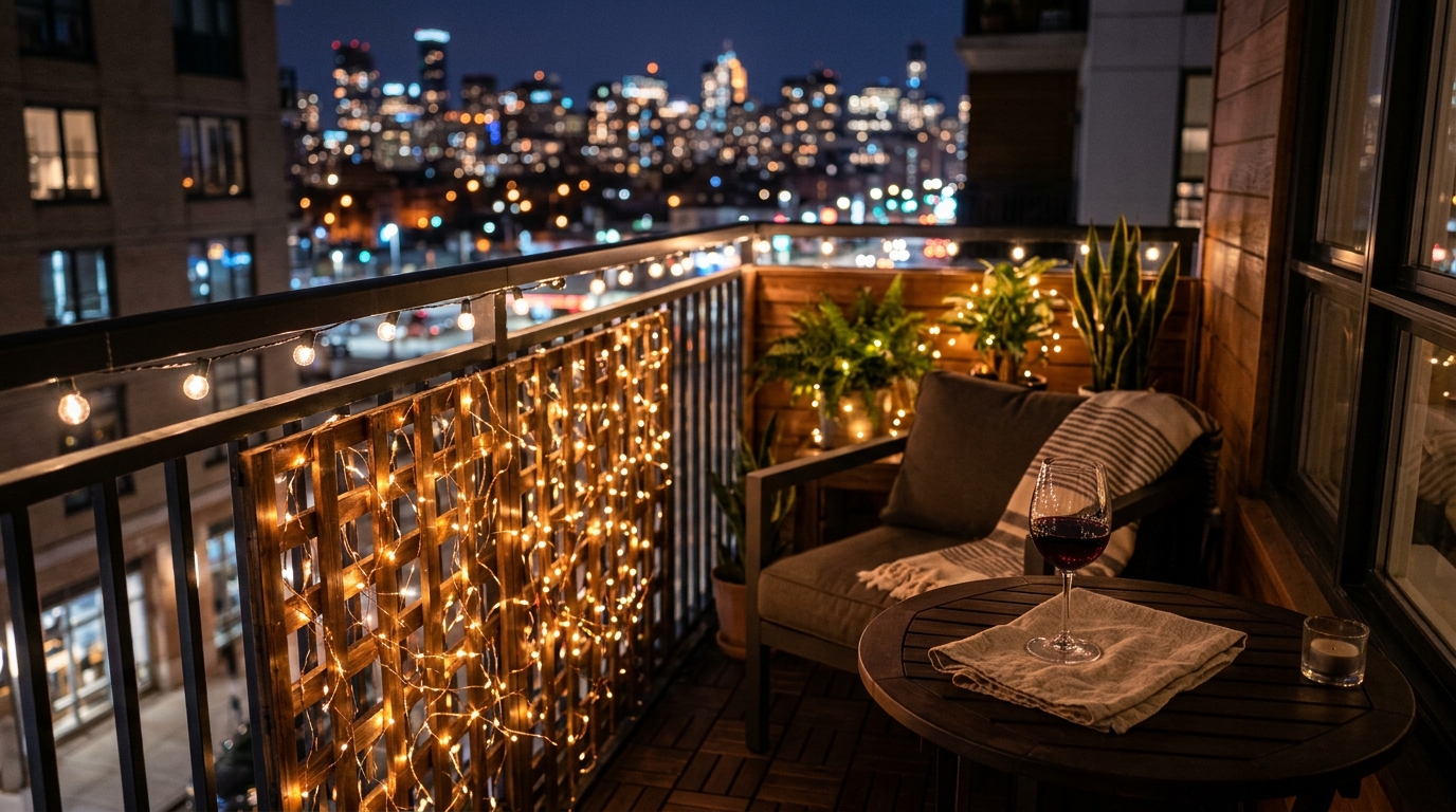 Nighttime atmospheric shot of a cozy outdoor balcony with 2700K warm-dim string lights reflecting off Benjamin Moore Swiss Coffee painted walls. Nighttime atmospheric shot of a cozy outdoor balcony with 2700K warm-dim string lights reflecting off Benjamin Moore Swiss Coffee painted walls.