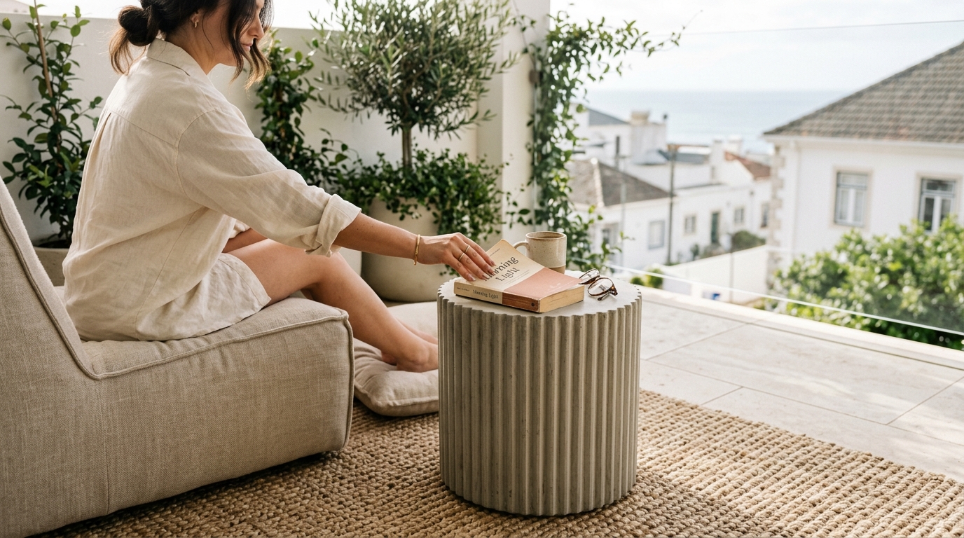 A functional living snapshot of a modern urban terrace featuring a floating wooden bench, fluted concrete planters, and high-CRI outdoor task lighting. A functional living snapshot of a modern urban terrace featuring a floating wooden bench, fluted concrete planters, and high-CRI outdoor task lighting.