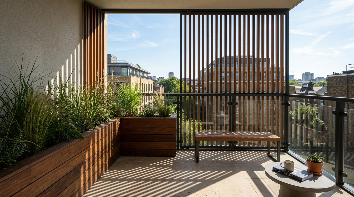 Sophisticated urban balcony with a slatted privacy screen and built-in planters for a lush, layered botanical feel. Sophisticated urban balcony with a slatted privacy screen and built-in planters for a lush, layered botanical feel.