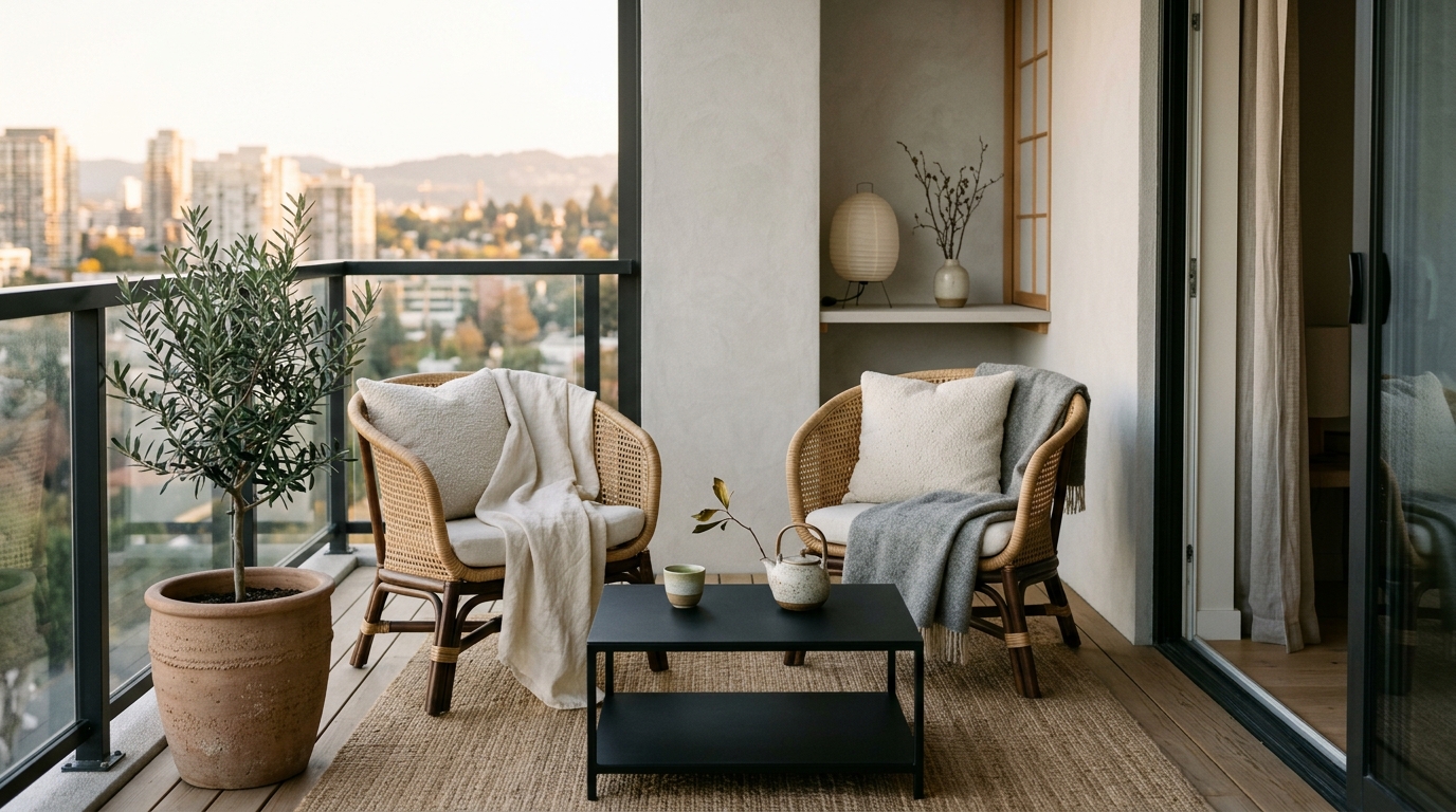 Japandi-style small apartment balcony ideas featuring minimalist furniture and a neutral color palette of warm alabaster and slate charcoal. Japandi-style small apartment balcony ideas featuring minimalist furniture and a neutral color palette of warm alabaster and slate charcoal.