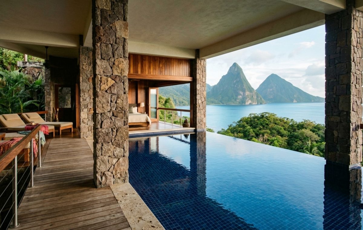 jade mountain sanctuaries featuring organic stone-clad columns and a zero-edge infinity pool reflecting the Pitons with 48-inch walkway clearances