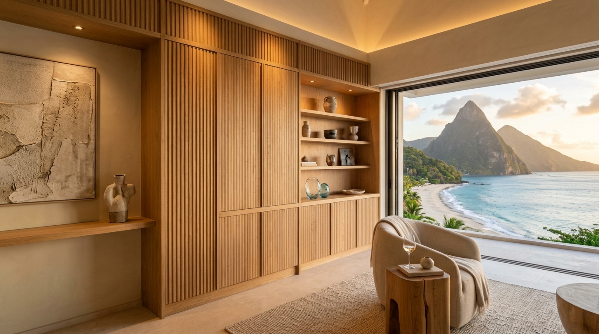 sugar beach luxury villas interior with coral stone flooring and 2700K warm ambient lighting highlighting the high-art materiality sugar beach luxury villas interior with coral stone flooring and 2700K warm ambient lighting highlighting the high-art materiality