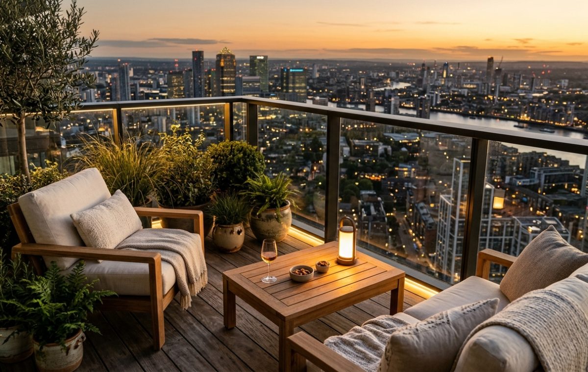A high-rise balcony at sunset featuring plush outdoor seating, neutral textiles, and a 36-inch clear walkway for optimal flow.