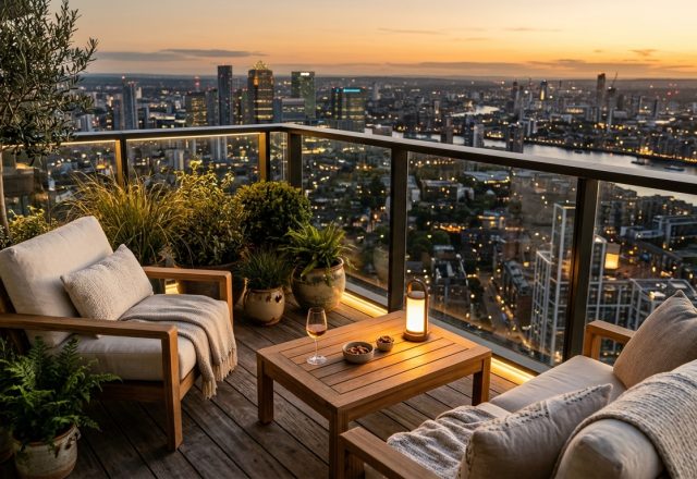A high-rise balcony at sunset featuring plush outdoor seating, neutral textiles, and a 36-inch clear walkway for optimal flow.