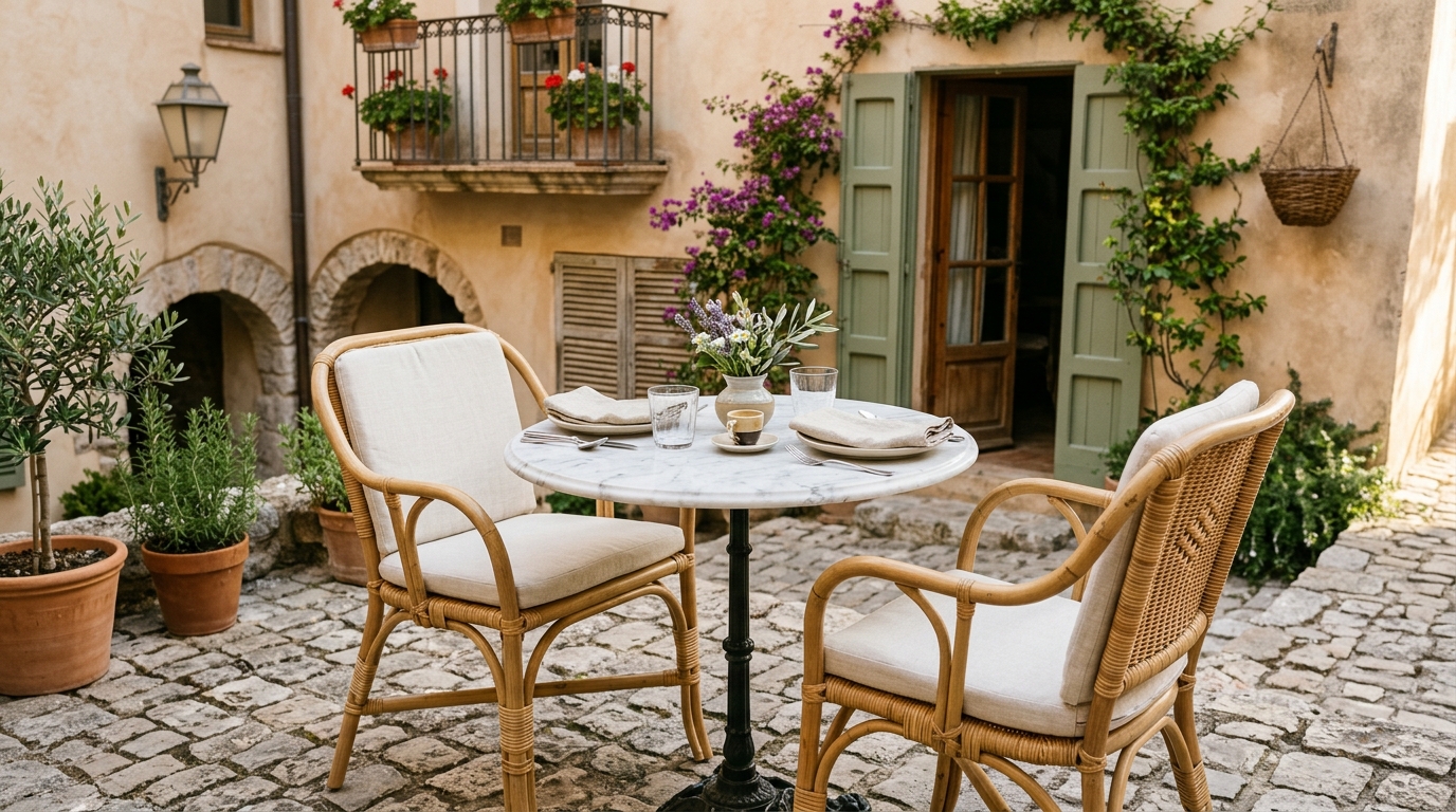 Sophisticated outdoor dining nook with a 30-inch clearance around a circular marble table and two rattan chairs.